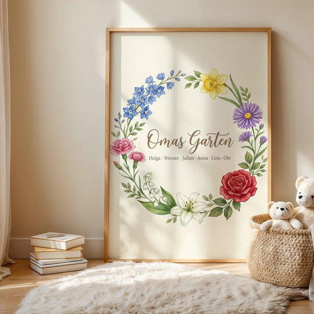 Geburtsblumen Familienstrauß Blumenkranz (Variante 6) – Omas Garten mit Namen im Kinderzimmer