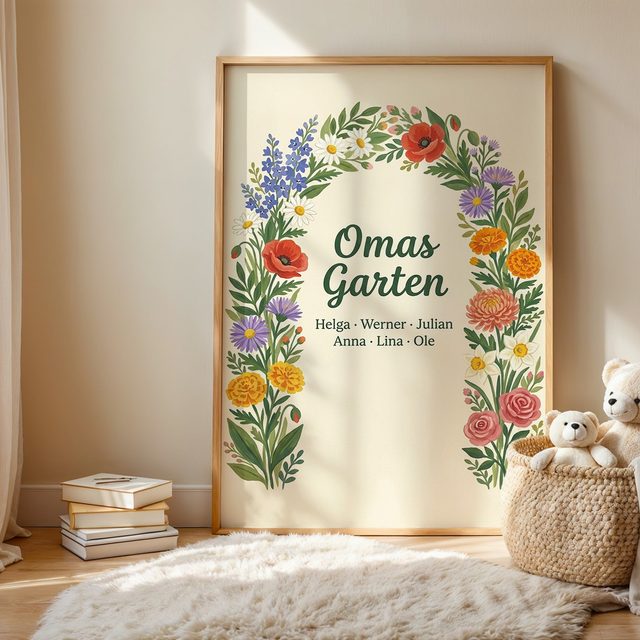 Geburtsblumen Familienstrauß Blumenbogen (Variante 9) – Omas Garten mit Namen im Kinderzimmer