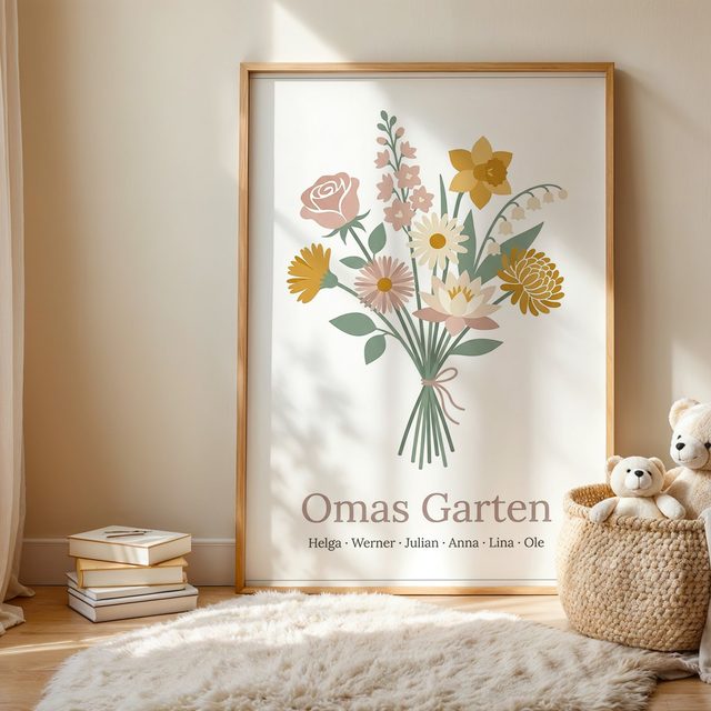 Geburtsblumen Familienstrauß Modern Schlicht (Variante 14) – Omas Garten mit Namen im Kinderzimmer