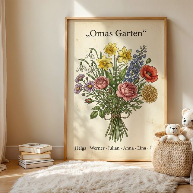 Geburtsblumen Familienstrauß Vintage (Variante 2) – Omas Garten mit Namen im Kinderzimmer