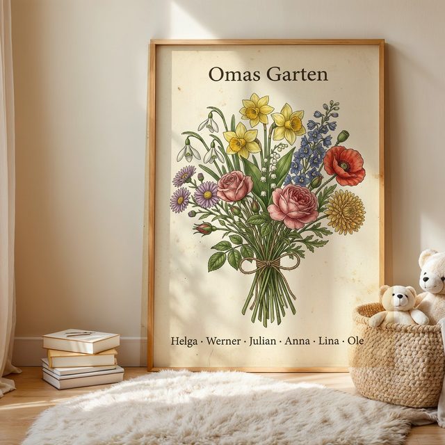 Birth flower family bouquet vintage (variant 2) – "Omas Garten" (Grandma's garden) with names in the kids' room
