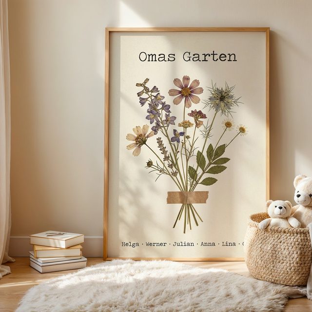Geburtsblumen Familienstrauß Gepresste Blumen (Variante 7) – Omas Garten mit Namen im Kinderzimmer