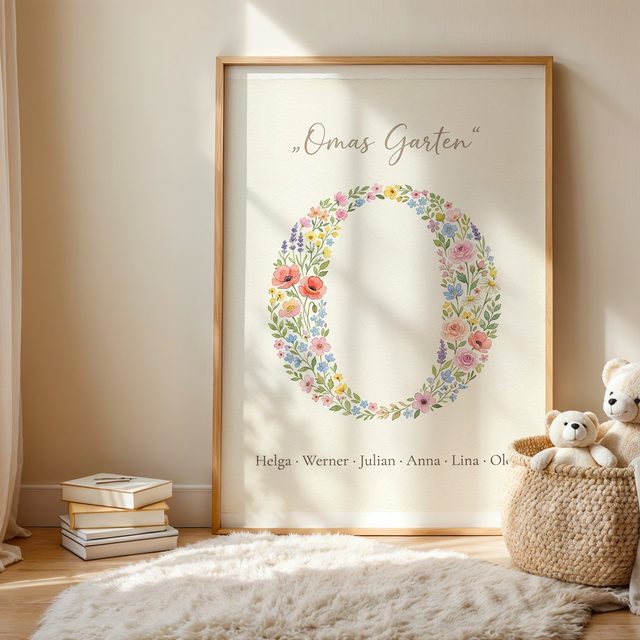 Geburtsblumen Familienstrauß Blüten-Initial (Variante 8) – Omas Garten mit Namen im Kinderzimmer