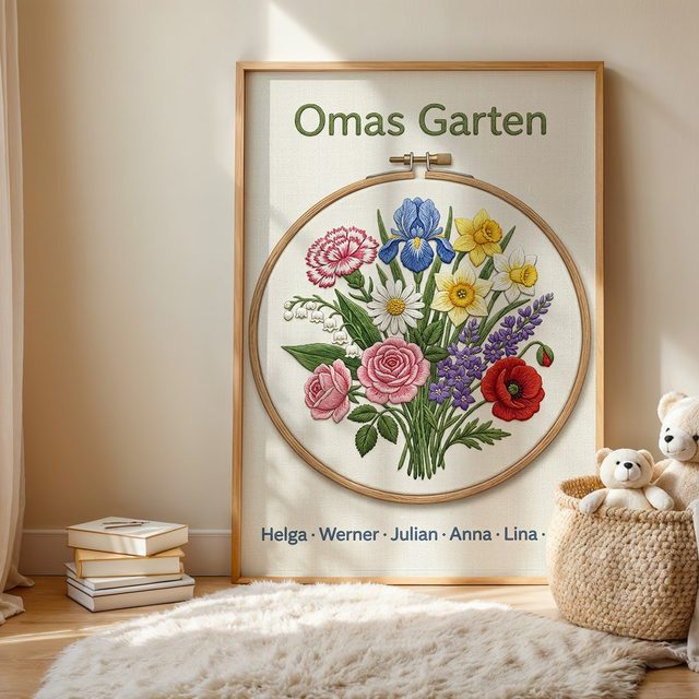 Geburtsblumen Familienstrauß Stickrahmen (Variante 10) – Omas Garten mit Namen im Kinderzimmer