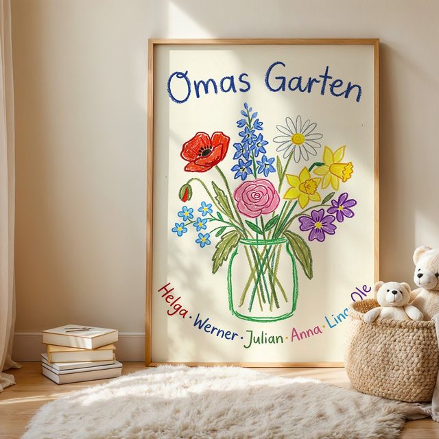 Geburtsblumen Familienstrauß Kinderzeichnung (Variante 11) – Omas Garten mit Namen im Kinderzimmer
