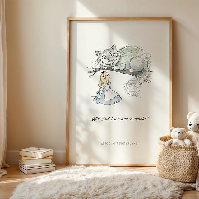 Alice im Wunderland – Grinsekatze Kinderzimmer Bild mit Zitat im Kinderzimmer