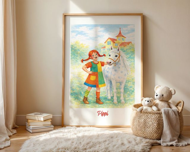Pippi mit ihrem Pferd im Kinderzimmer