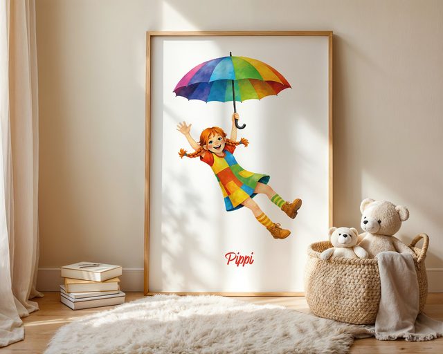 „Pippi mit Regenschirm“ (Pippi with umbrella) in the kids' room