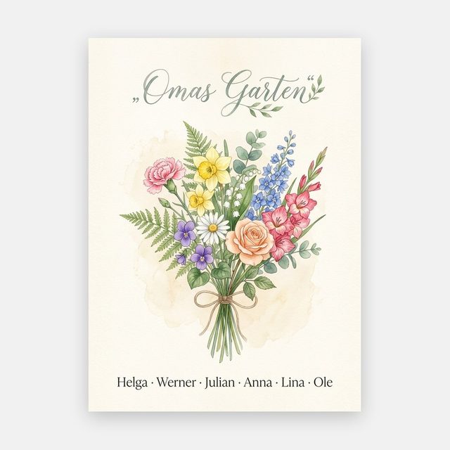 Geburtsblumen Familienstrauß Aquarell (Variante 1) – Omas Garten mit Namen – Motiv