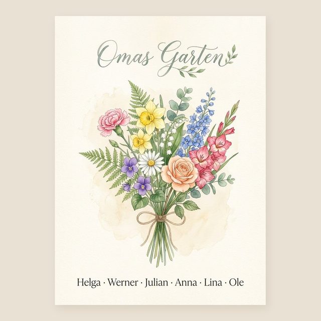 Birth flower family bouquet watercolour (Variant 1) – „Omas Garten“ (Grandma's garden) with names – design