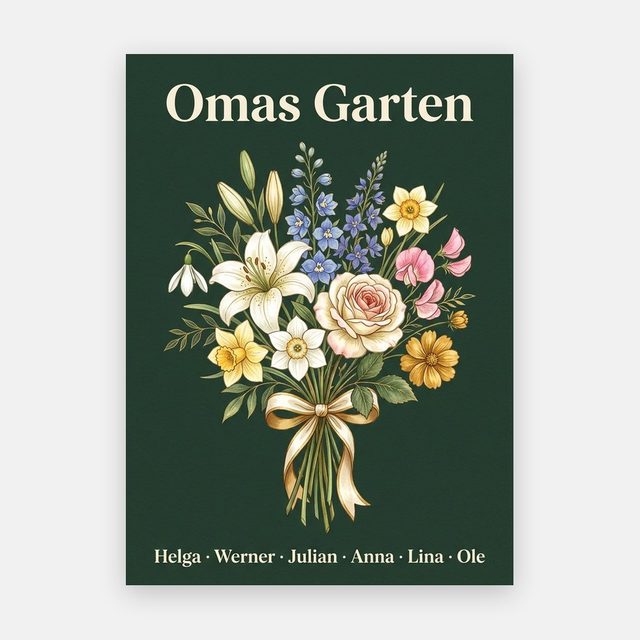 Geburtsblumen Familienstrauß Dunkelgrün (Variante 3) – Omas Garten mit Namen – Motiv