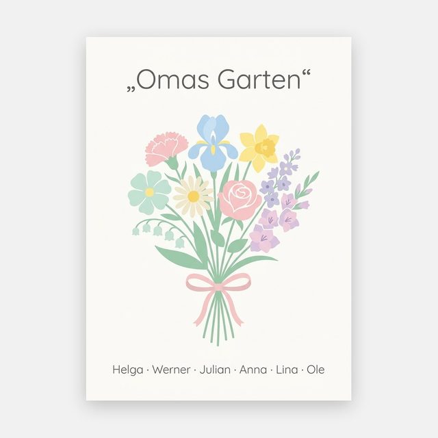Geburtsblumen Familienstrauß Scandi Pastell (Variante 4) – Omas Garten mit Namen – Motiv