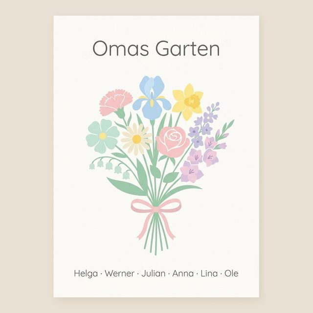 Birth flower family bouquet Scandi pastel (Variant 4) – „Omas Garten“ (Grandma's garden) with names – design