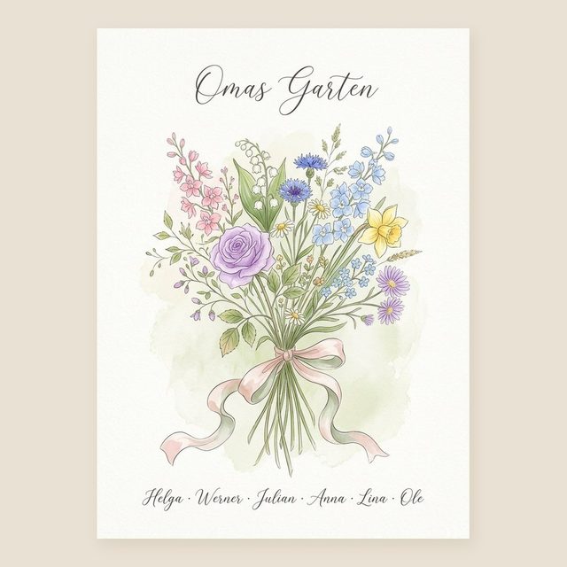 Birth flower family bouquet wild meadow (variant 5) – "Omas Garten" (Grandma's garden) with names – design