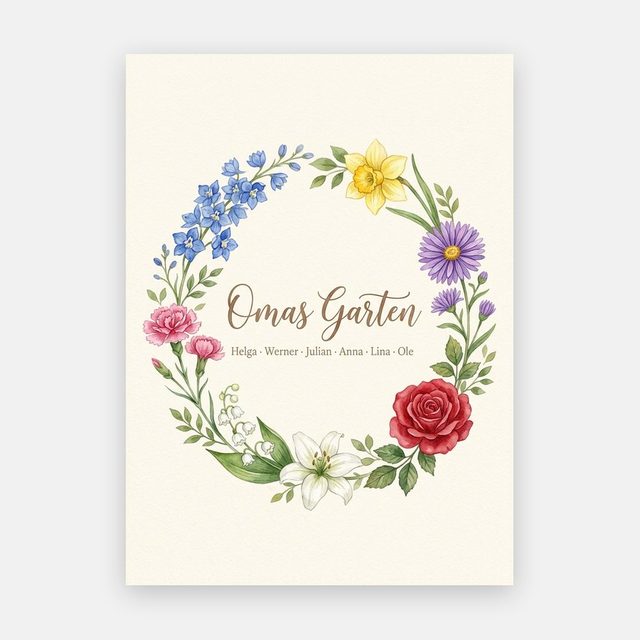 Geburtsblumen Familienstrauß Blumenkranz (Variante 6) – Omas Garten mit Namen – Motiv