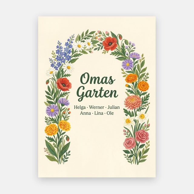 Geburtsblumen Familienstrauß Blumenbogen (Variante 9) – Omas Garten mit Namen – Motiv