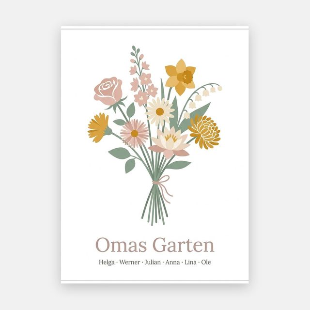 Birth flower family bouquet modern simple (Variant 14) – „Omas Garten“ (Grandma's garden) with names – design