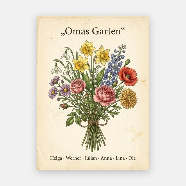 Geburtsblumen Familienstrauß Vintage (Variante 2) – Omas Garten mit Namen – Motiv