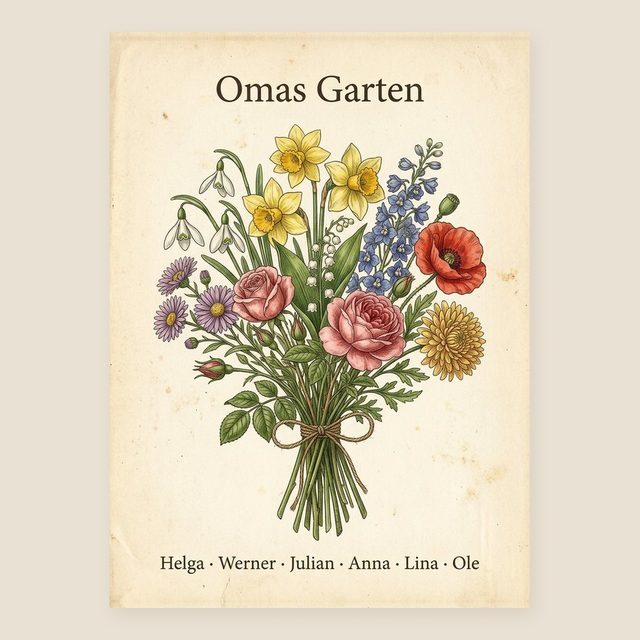 Birth flower family bouquet vintage (variant 2) – "Omas Garten" (Grandma's garden) with names – design