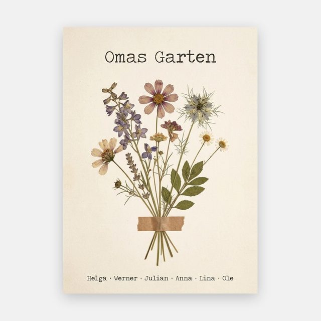 Geburtsblumen Familienstrauß Gepresste Blumen (Variante 7) – Omas Garten mit Namen – Motiv