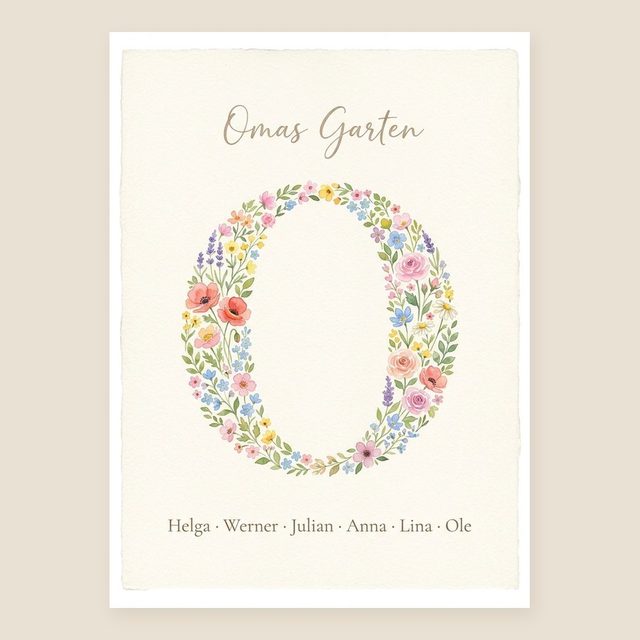 Birth flower family bouquet flower initial (Variant 8) – „Omas Garten“ (Grandma's garden) with names – design