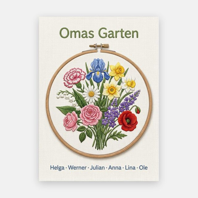 Geburtsblumen Familienstrauß Stickrahmen (Variante 10) – Omas Garten mit Namen – Motiv