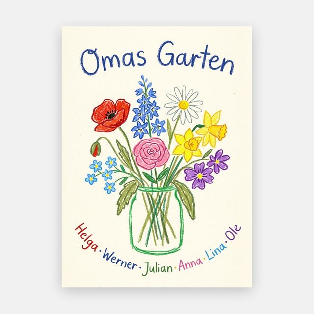 Geburtsblumen Familienstrauß Kinderzeichnung (Variante 11) – Omas Garten mit Namen – Motiv