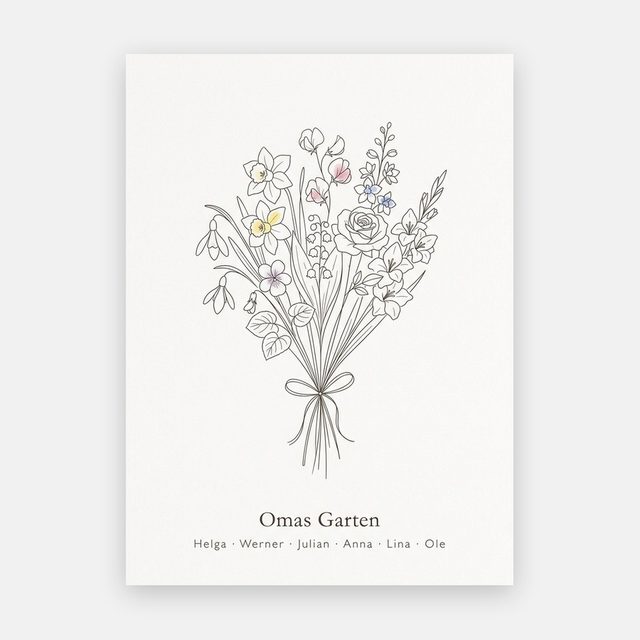 Geburtsblumen Familienstrauß Feine Linien (Variante 13) – Omas Garten mit Namen – Motiv